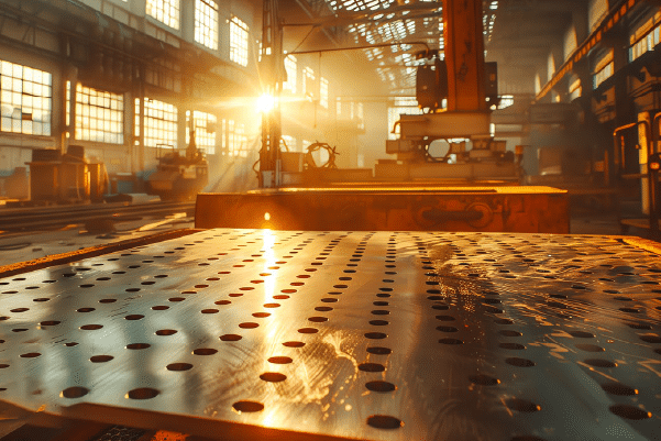 polished steel plate, sunlight reflecting off precision steel in factory