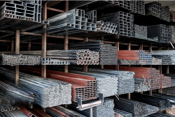 steel pipes and profiles, organized metal storage showcasing variety