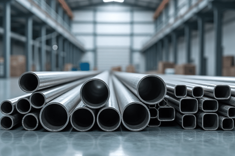stainless steel pipes, neatly arranged round and square tubes in warehouse