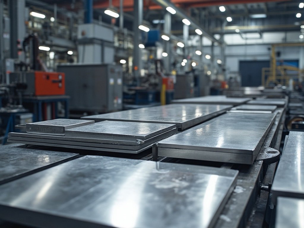 Steel plates and pipes lined up in industrial warehouse setting