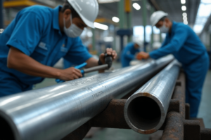 steel workers, inspecting and marking stainless steel pipes in a factory