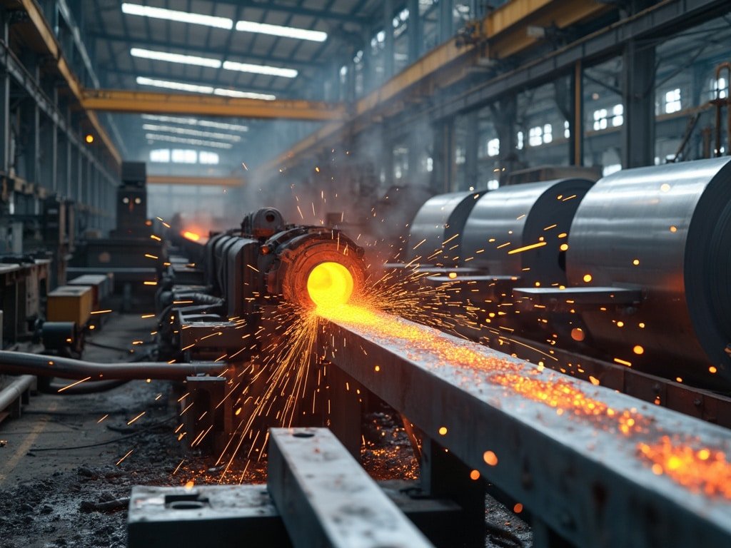 Steel coils stacked in production warehouse, reflecting light