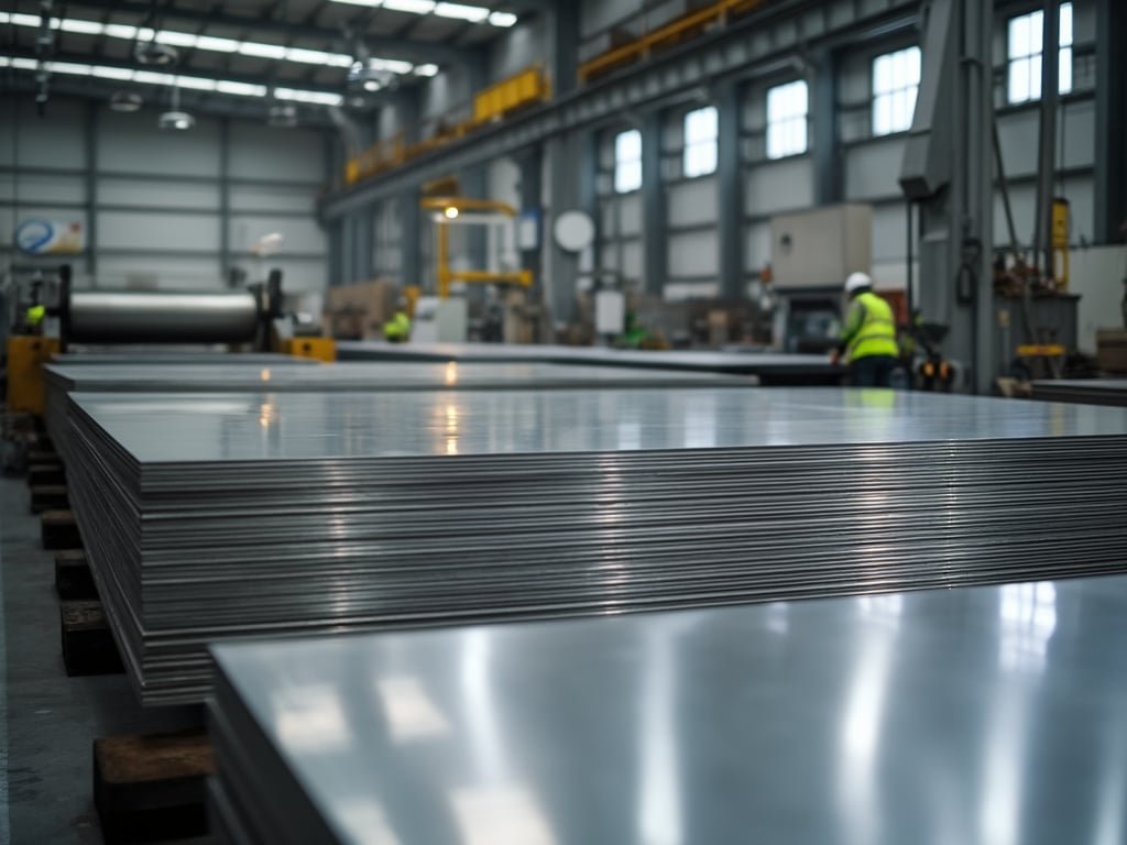 Stainless steel sheets stacked in warehouse, industrial setting, highly reflective surfaces