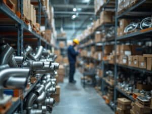 worker inspecting steel pipes in warehouse, quality control, industrial environment