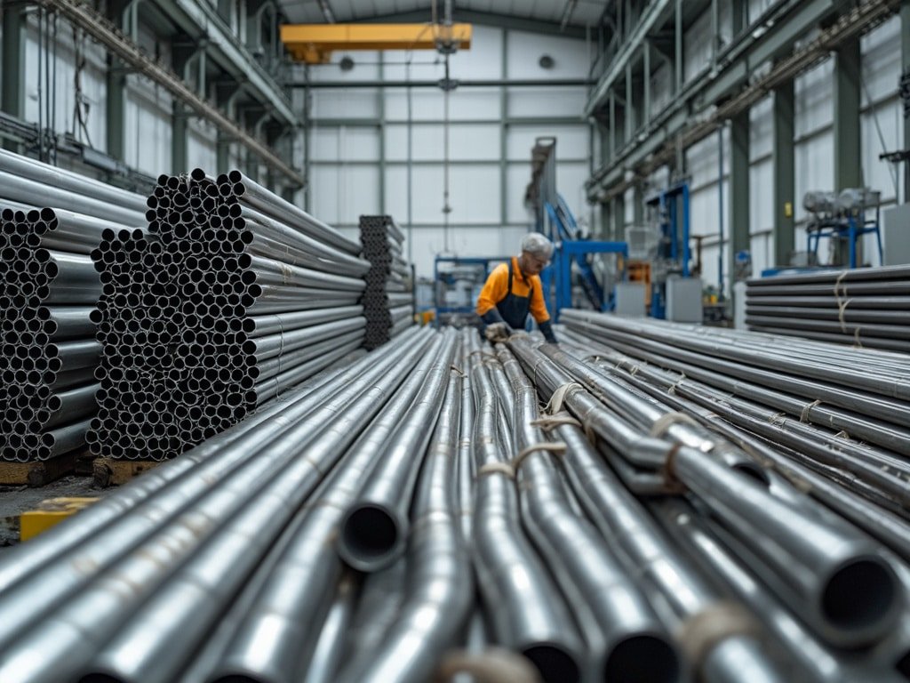 steel pipes with measuring tool, quality control, precision measurement