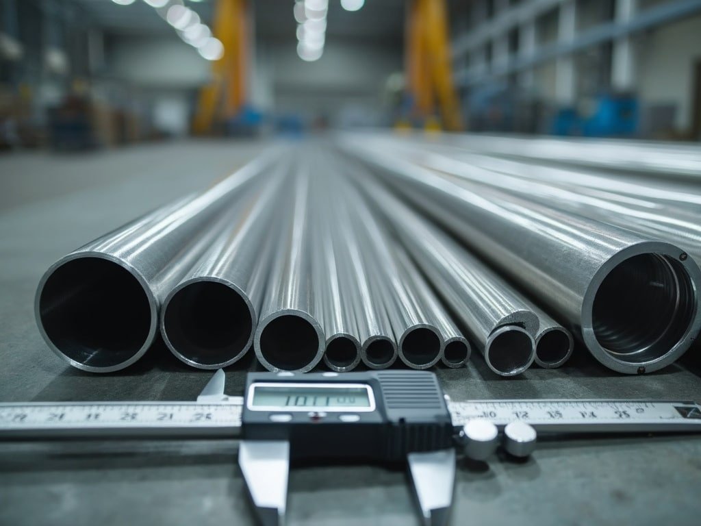 worker at steel manufacturing plant, processing pipes, industrial production