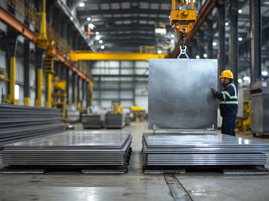 Polished stainless steel plates stacked in production facility, smooth reflective surfaces