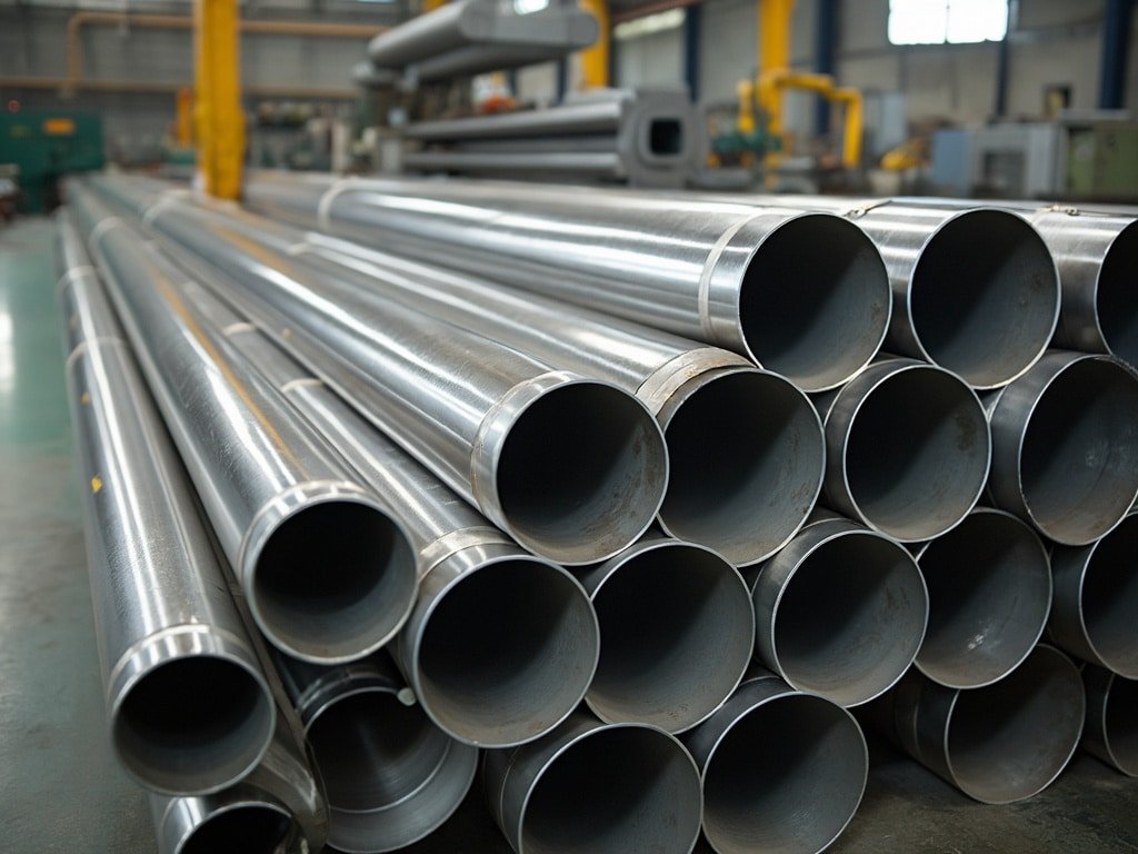 stainless steel components in warehouse, organized shelves, industrial supplies