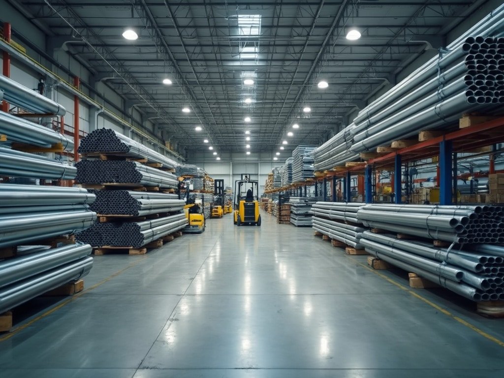 steel pipes stacked in warehouse, industrial storage, metalworking facility