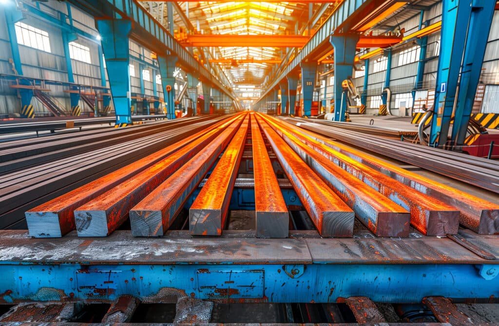 Stacked steel bars in warehouse, ready for shipment