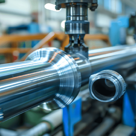 A CNC machine precision-cutting a metallic pipe with smooth finishes.