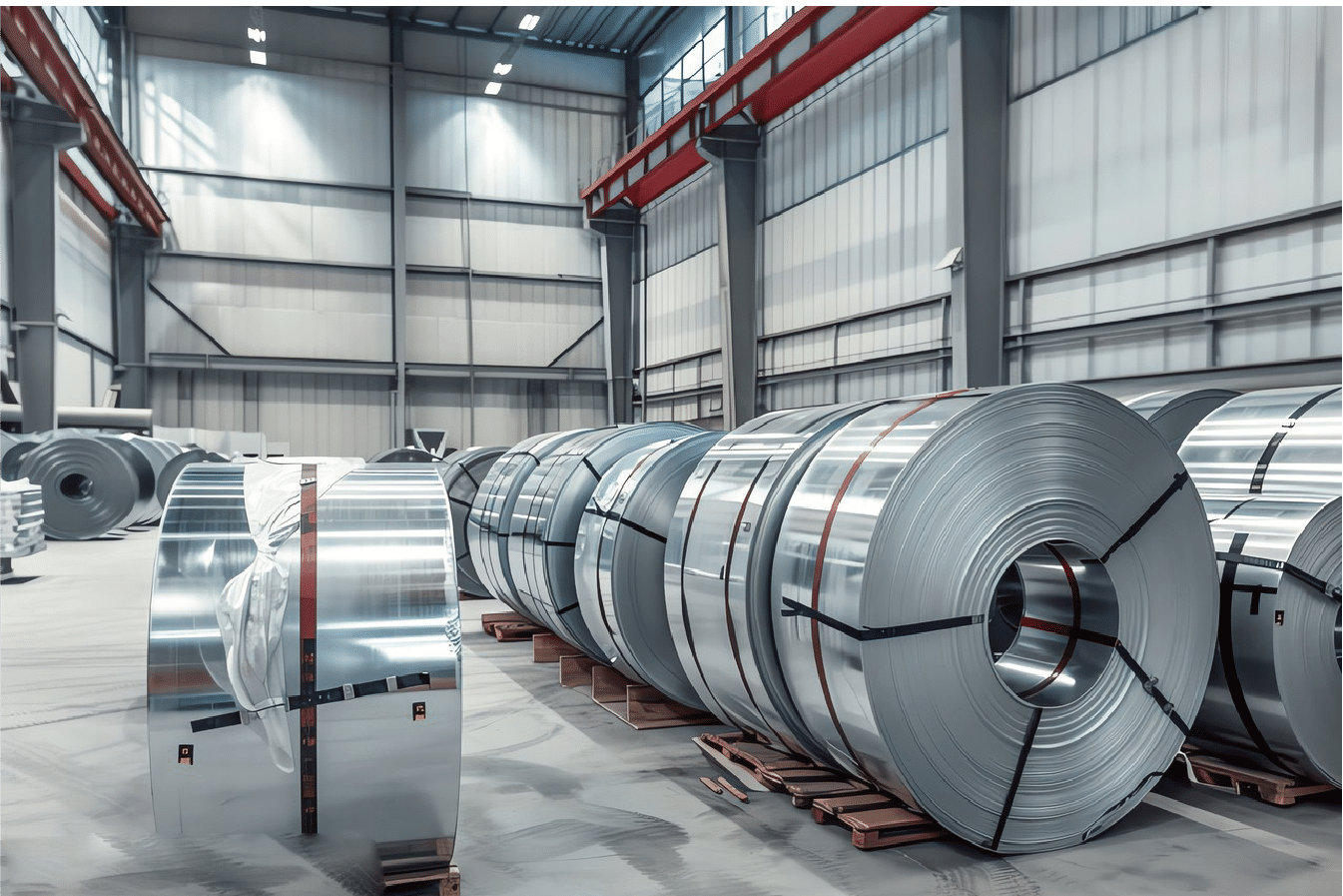 Stainless steel coils stored in a well-organized warehouse