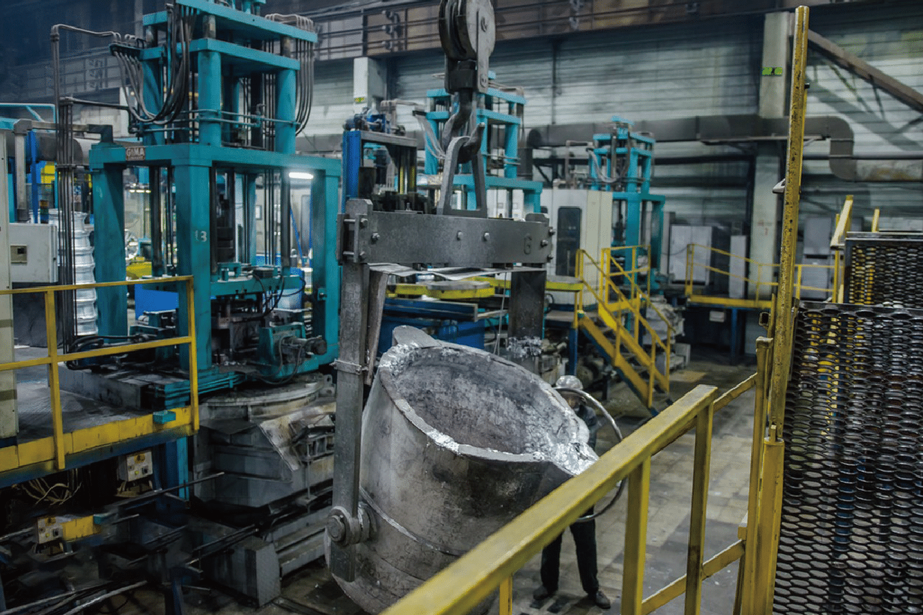 Molten stainless steel processing in a high-tech factory