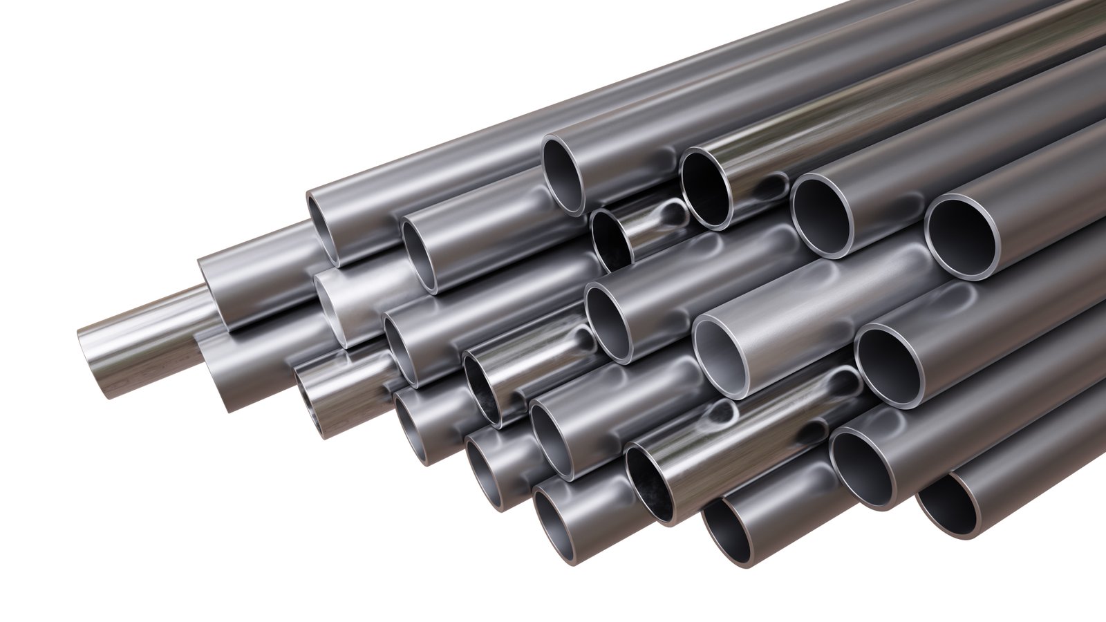 Multiple size stainless steel tubes for export in industrial factory.