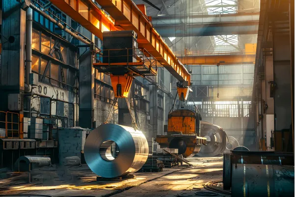 Industrial scene in a stainless steel factory showcasing large coils being moved by overhead cranes.